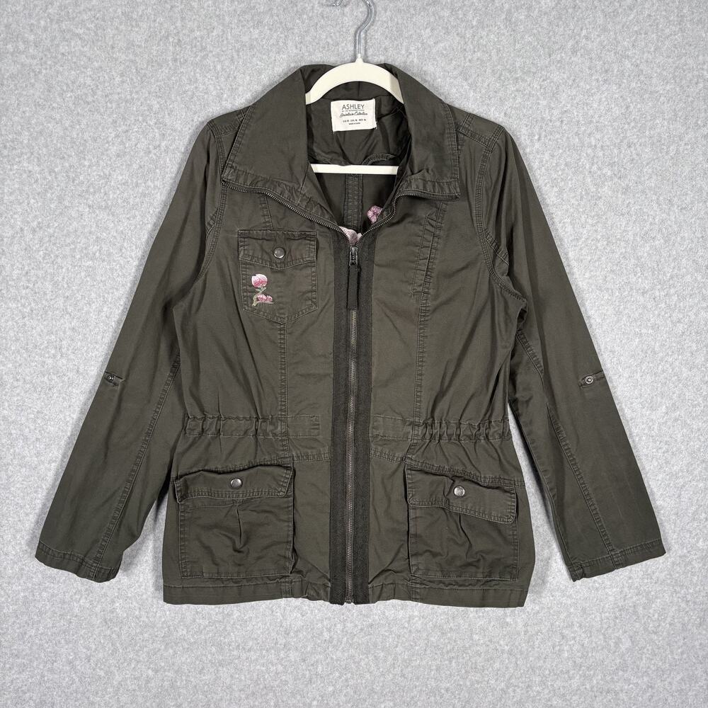Embroidered Utility Jacket Medium Army Military Chore Barn Thin Butterfly Flower - Picture 2 of 13
